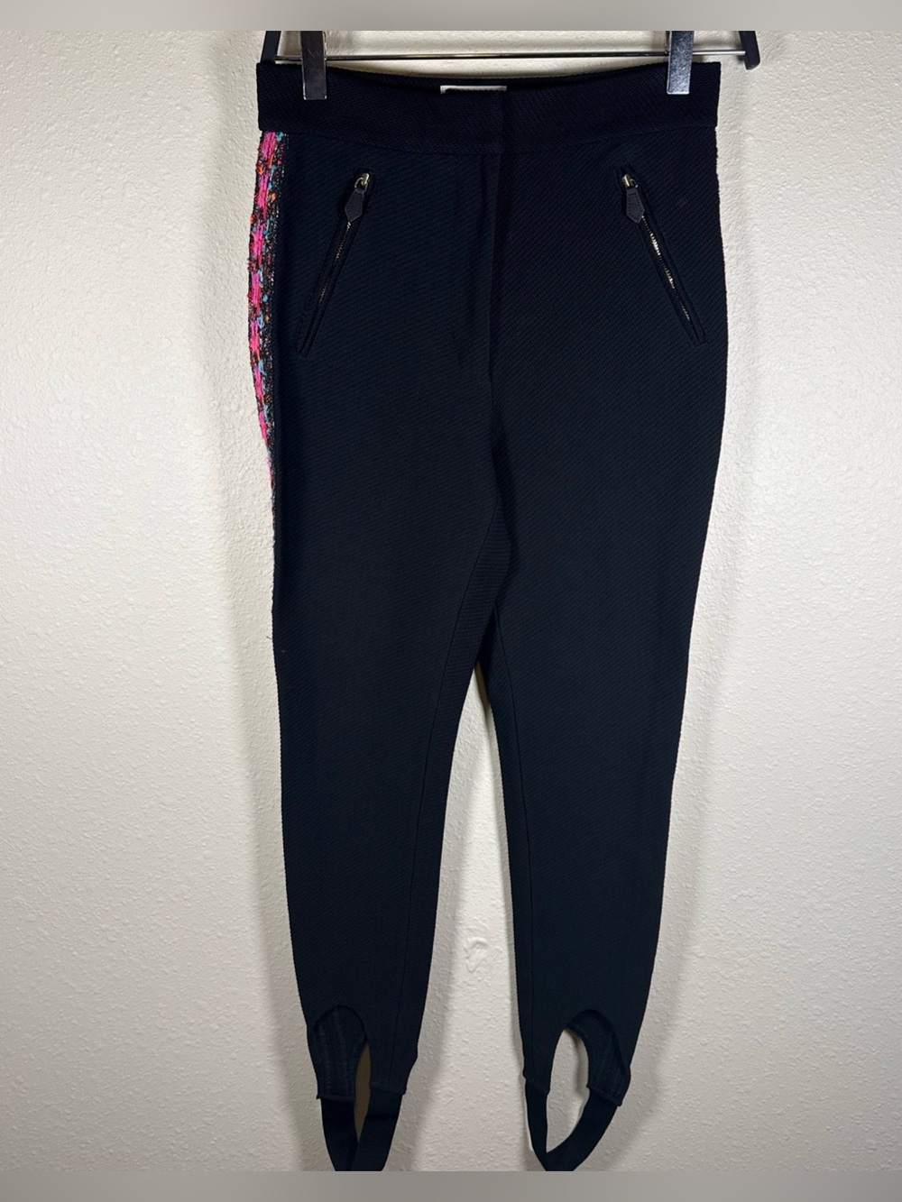 St John Black Stirrup Pants Colorful Side Detail Size 2 High Rise Thick Material